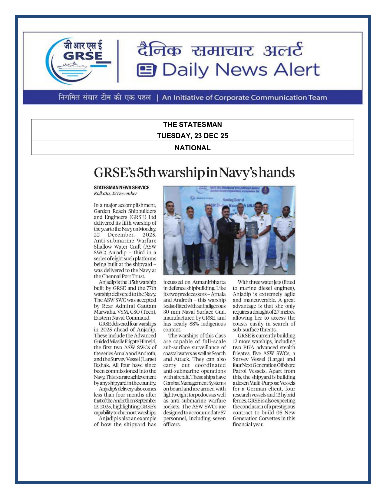   Press Coverage: 23 DEC 25: THE STATESMAN